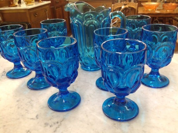 Vintage Cobalt Blue Moon and Stars Pitcher and 8 Glasses