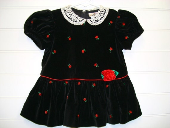 Vintage Baby Clothes, Baby Girl Dress, Black Velvet  Christmas Dress With Red Roses, Velvet Christmas Dress. #