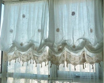Sale: Shabby Chic Drawnwork Balloon Curtains, Pull-up Curtains, Hand Crochet Lace Trims, French Pinch Pleat Drapes, Draperies R002