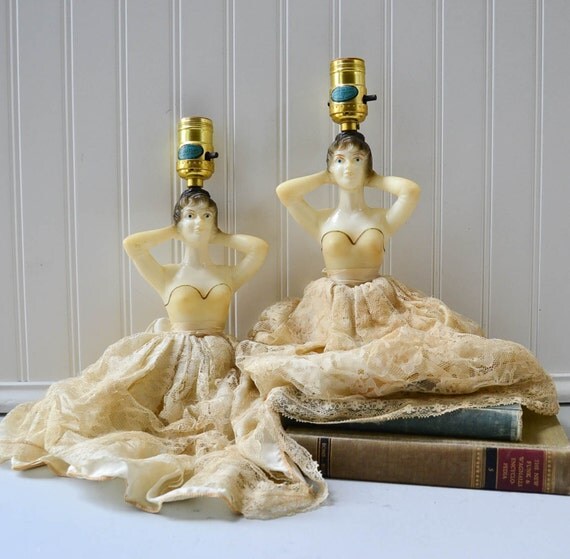 Vintage Lady Lamps Pair of Woman in Lace Dress Lights