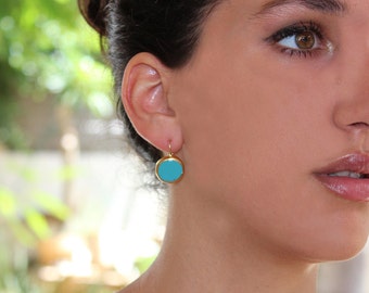 Turquoise earrings,Turquoise Gold Earrings, simple everyday, ocean jewelry, Gold post Summer Fashion.