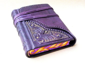 Leather Journal, Sketchbook, Hand Bound Blank Book, Purple Leather,Sculpted Relief, Painted Edges, Gilding, Gift For Her