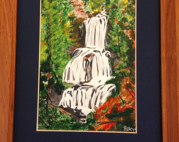 Beautiful Waterfall in the Woods - Blue Matte and Solid Wood Frame