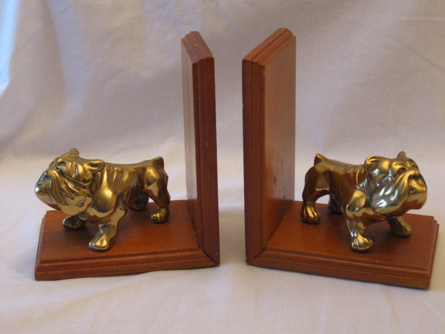 Dog Bookends Wood with Brass Bulldogs GREAT Vintage Pair