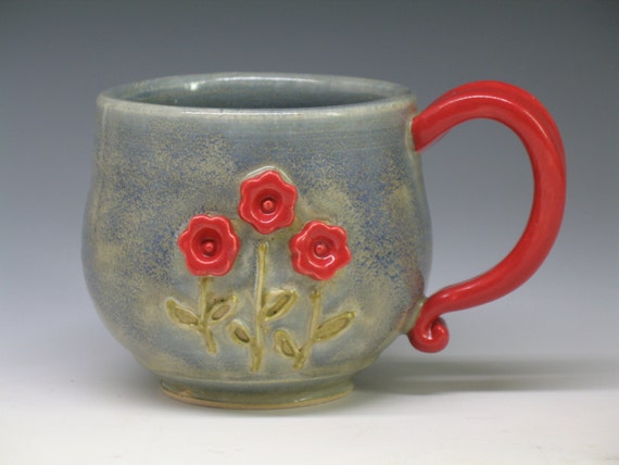 Mug Coffee/Tea cup Red Flowers Large Ceramic Hand made