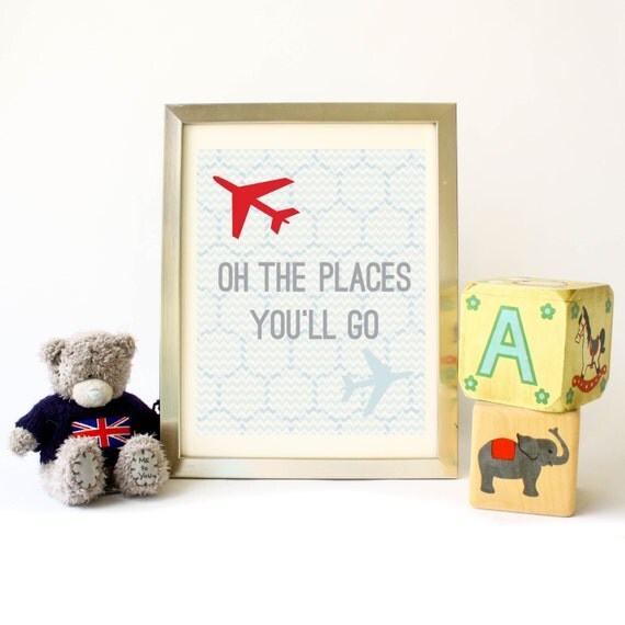 Oh The Places You'll Go Nursery Print, Children's wall art, Kids Room, Travel Decor, Airplane Decor, Gender Neutral Nursery, Digital Art Il_570xn