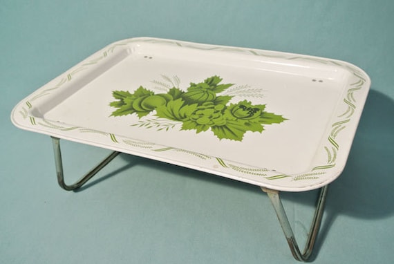 Mid Century Vintage TV Dinner Lap Tray Green Flower Leaf Fruit