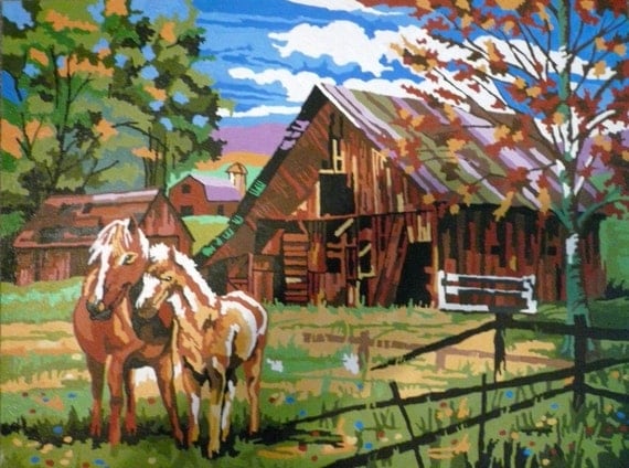 Vintage Painting Horses Colt Homestead Barn Autumn Fall Leaves Ranch Western Pastoral ART