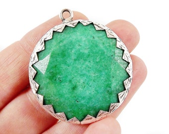 36mm Green Faceted Jade Stone Pendant - Matte Silver Plated 1pc