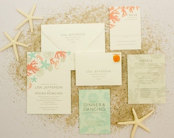 Vintage beach theme wedding invitations