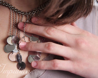 Silver Sequins Necklace, Bib Statement Necklace, Silver Multi Sequins Necklace