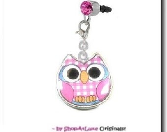 Hot Pink Owl Enamel - With Choice Of Universal 3.5mm Dust Plug Or Clilp-On Strap