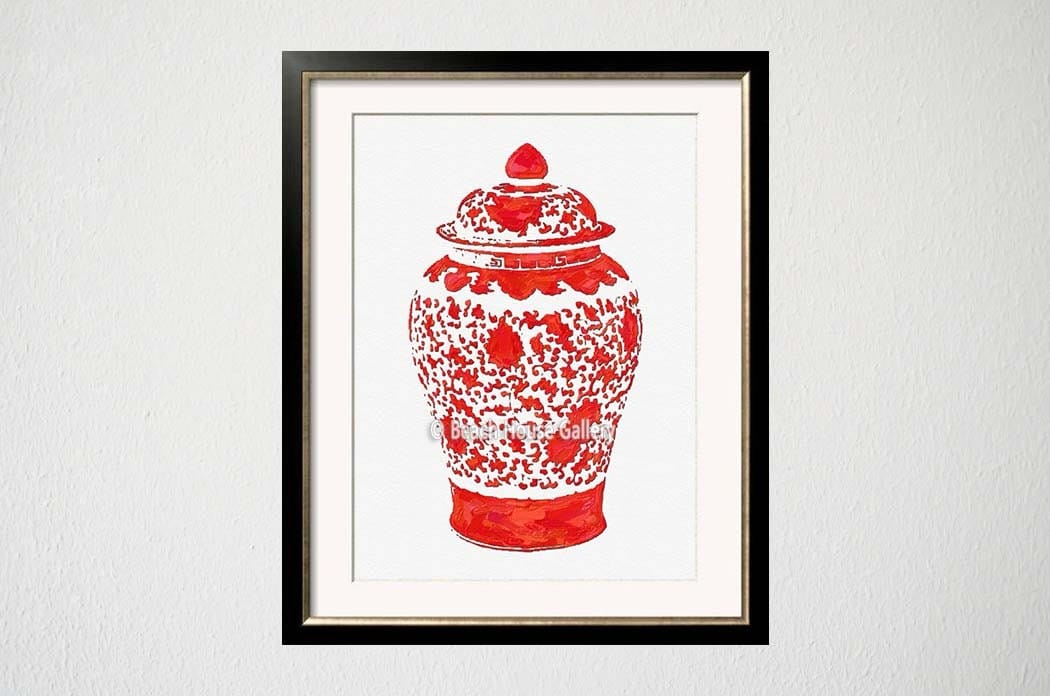 Red Ginger Jar Art Red Chinoiserie. Red Decor Red Wall Art