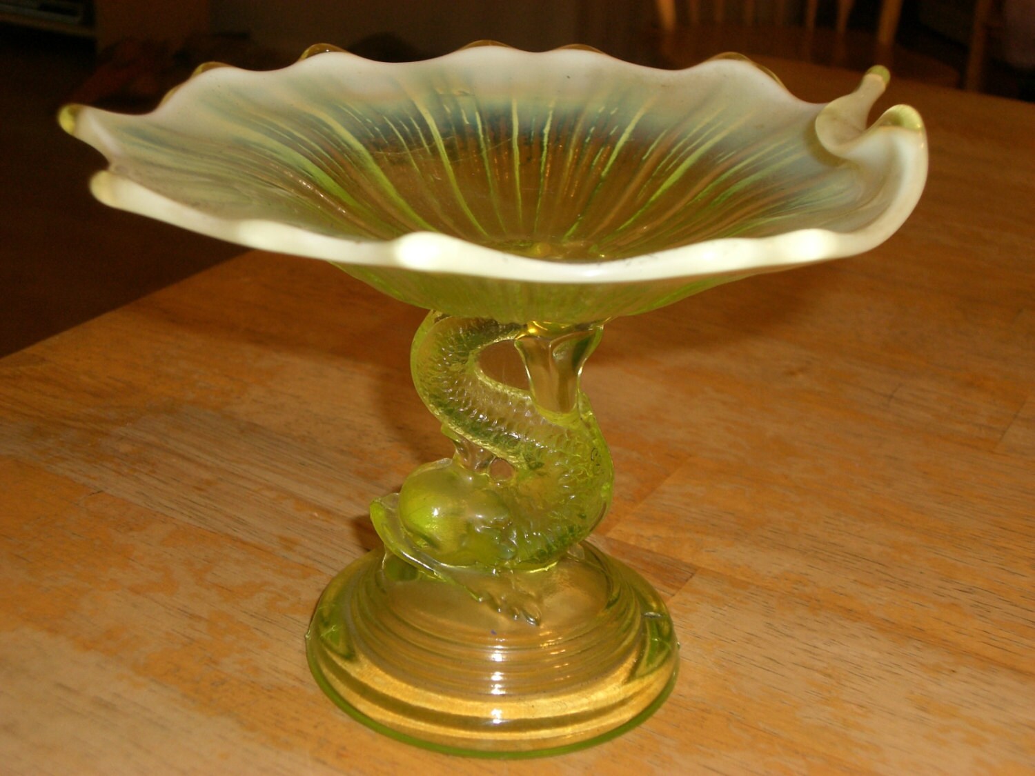 Vaseline Glass Compote Dolphin Pedestal Fish Stem