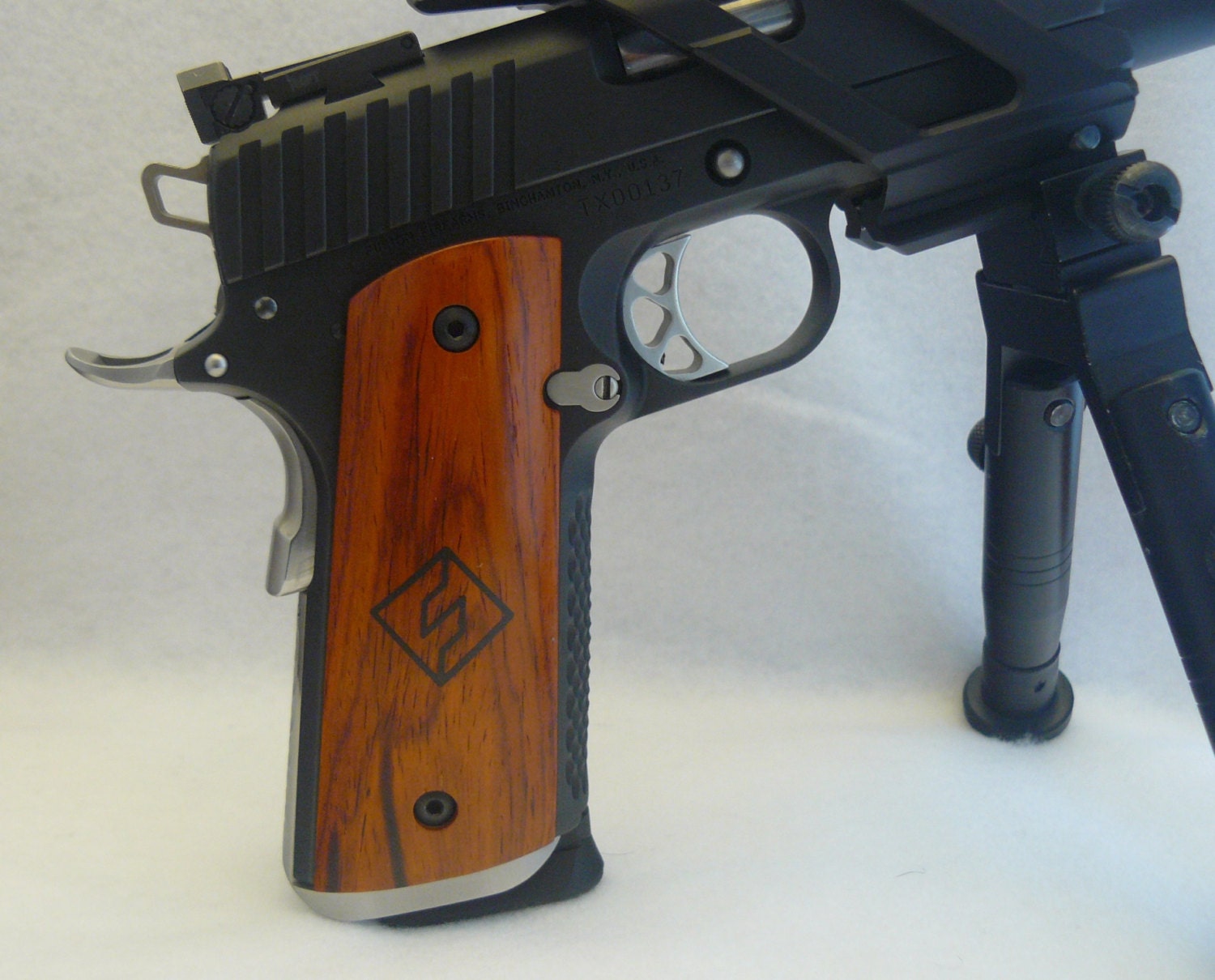 Exotic Cocobolo Wood 1911 gun grips with Fusion Firearms logo