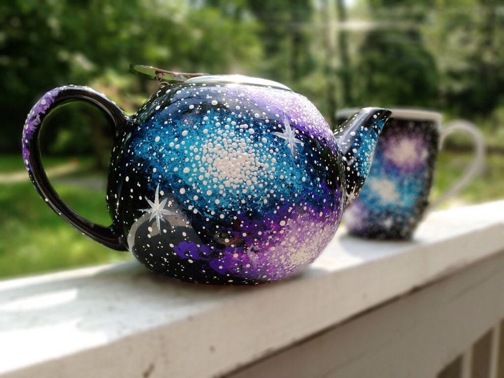 Hand painted galaxy tea pot and ceramic mug set made to
