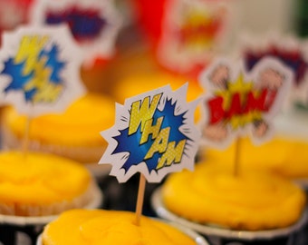 Super Hero / Comic Book Cup Cake toppers or Badges