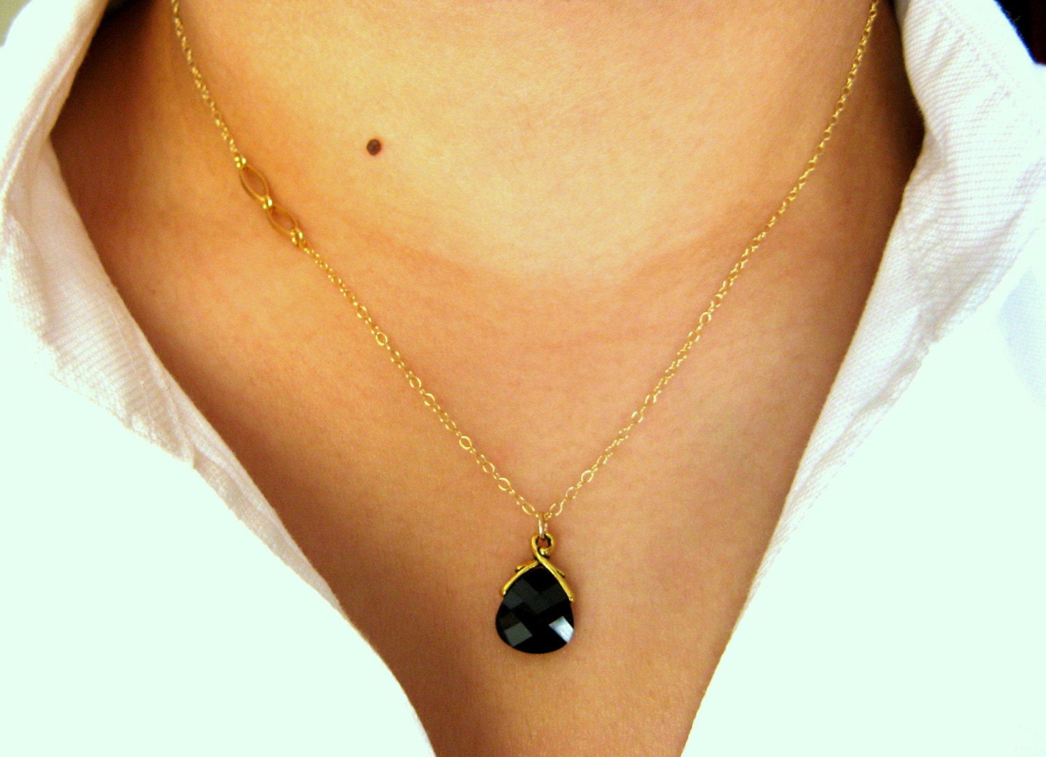 14K Gold Filled Dainty Necklace with Swarovski Drop Black