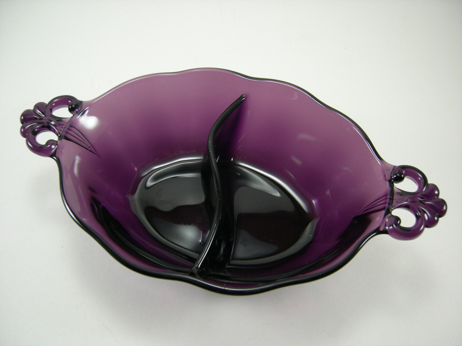 Vintage Amethyst Glass Divided Bowl Handle Bowl Relish Bowl