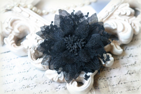 Black Shabby Chic Lace Flower, back has attached brooch, for Headbands, Clothing, Sashes, Crafting, etc, approx. 4.50 inches FL-159