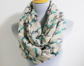 Mint Green Mini Horse Infinity Scarf, Horse Scarf, White Horse Scarf, Fall Scarf, Winter Soft Scarf, Large Scarf, Christmas Gift, For Her