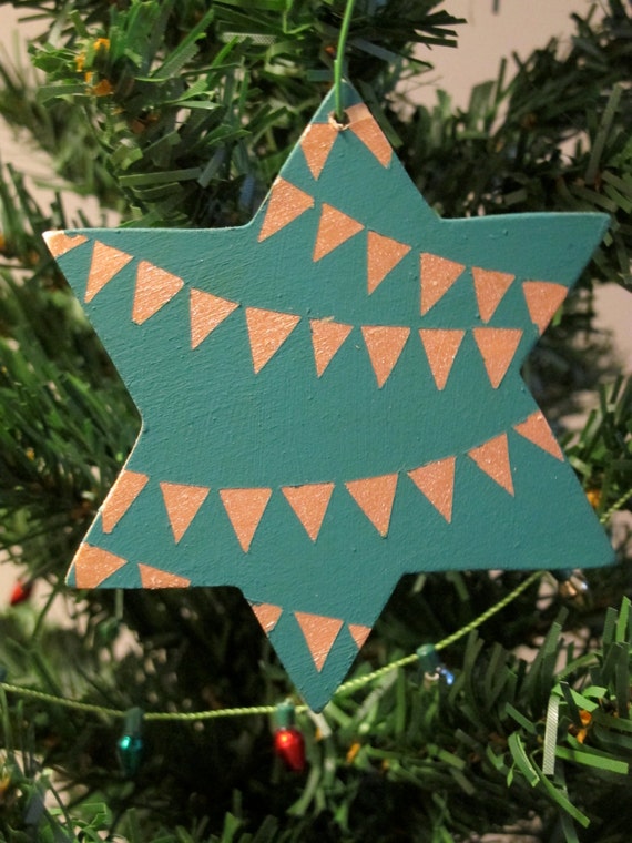 Hand-Painted Wooden Christmas Ornament--Teal Star of David With Gold Traingle Banners