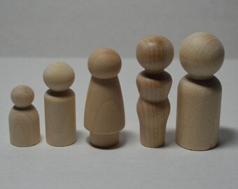 Wood Peg People Family - Set of 5 - Unfinished Wood - Wood Peg Dolls - DIY Family - Wooden Little People - Game Pieces - Peg Doll Family