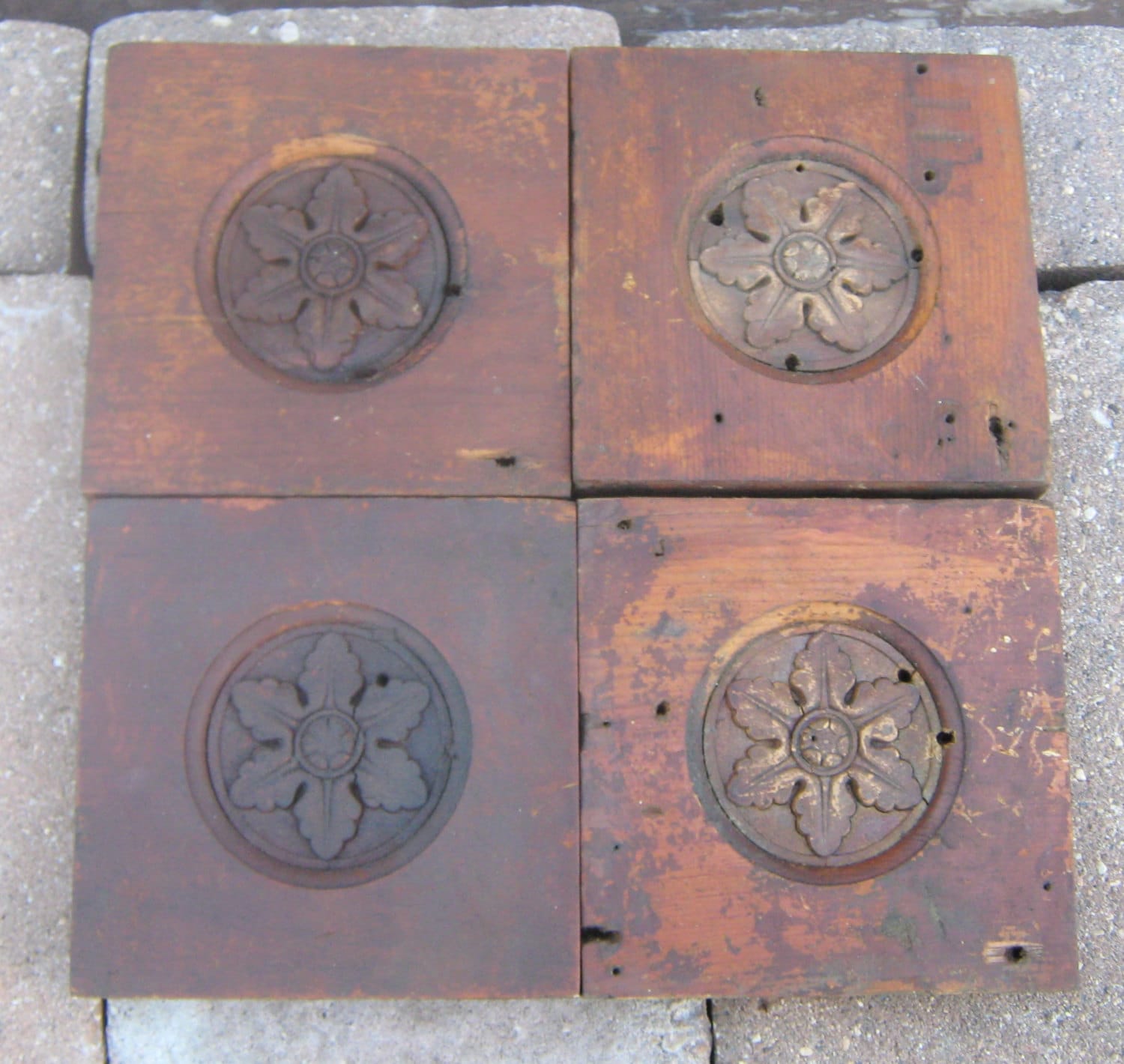 Four Wood Ornate Rosettes // Door Moulding // Antique