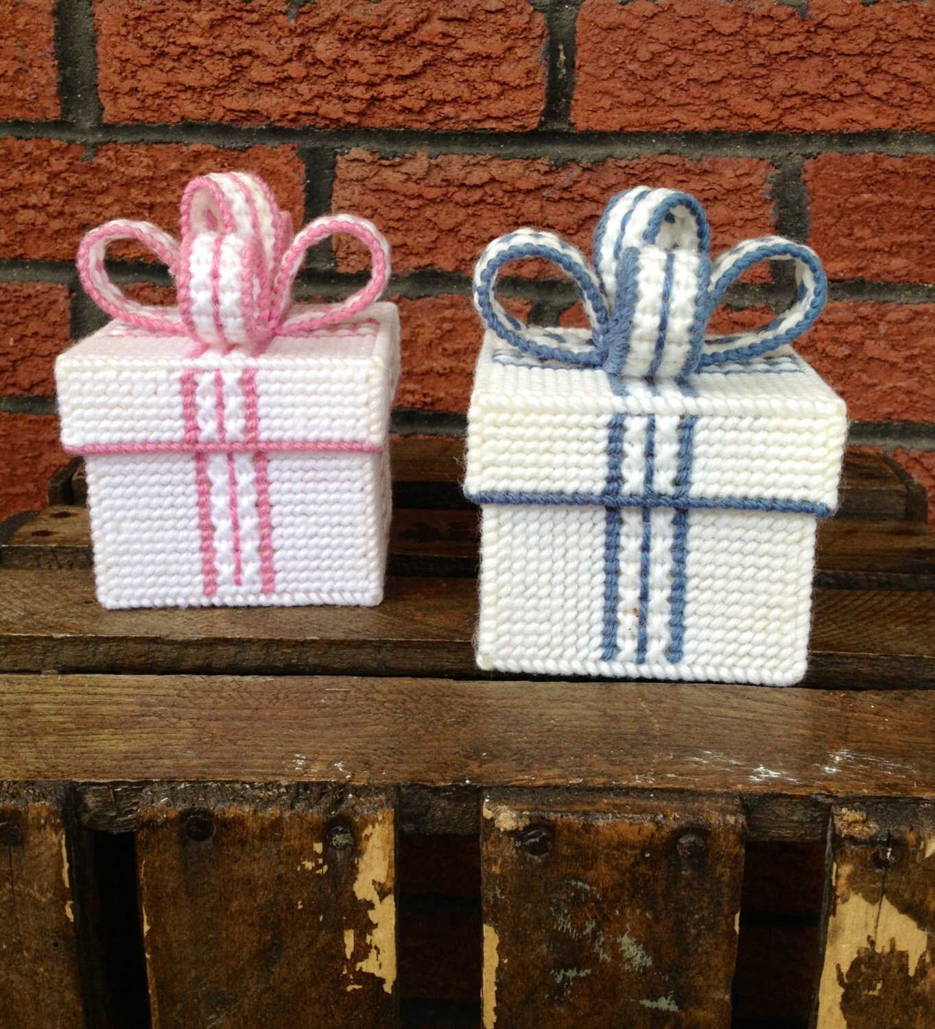 Handmade Plastic Canvas Decorative Boxes, Pink & Blue