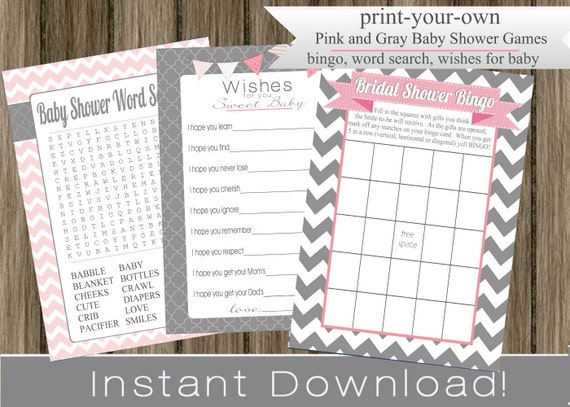 Baby Girl Shower Games, Bingo, Wishes for Baby, Word Search cards, pink and gray, chevron, INSTANT DOWNLOAD printable file baby shower idea Il_570xn