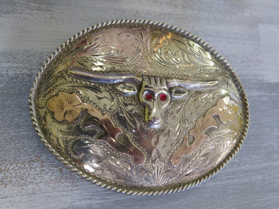 Vintage Western Sterling Silver Longhorn Belt Buckle Mexico
