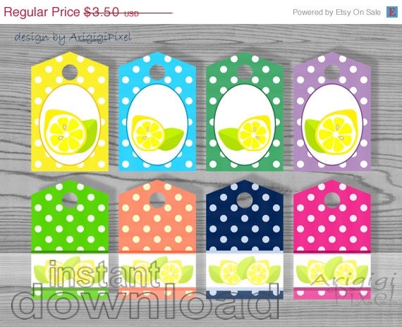 WEEKEND SALE 50% OFF lemon polka dot gift tag, printable, double sided, home made gift , label, jar tag, canning tag, instant download Il_570xn