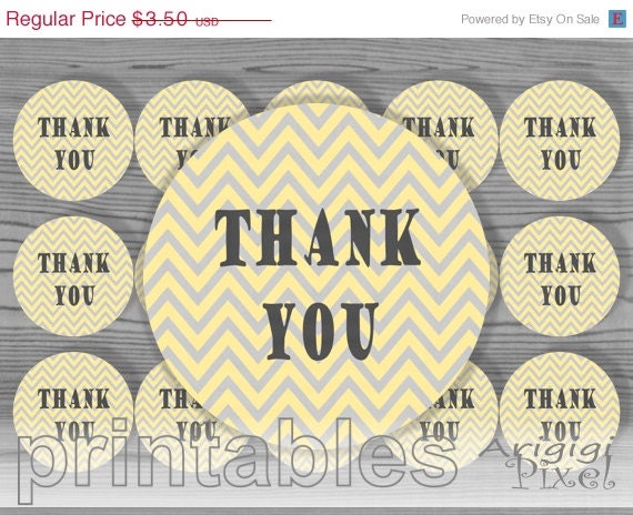 WEEKEND SALE 50% OFF Thank you 2 in circle tag yellow gray chevron printable favor tag label cupcake topper Pdf Png file instant download Il_570xn