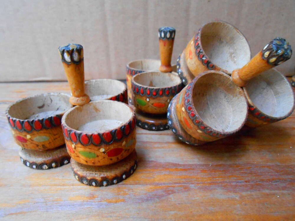 Vintage small wooden salt and pepper cellar, Bulgarian handmade