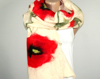Felted Scarf, Poppy Scarf, Cream Color, Poppies, Felt Scarf, Cobweb Scarf