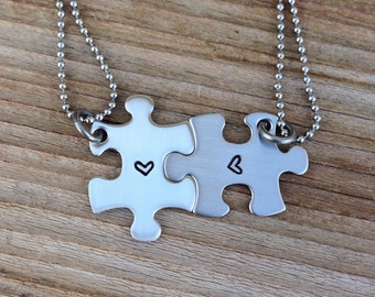 Mini puzzle piece necklace set custom hand stamped best friend, sisters ,bridesmaids stainless steel set of two jewelry