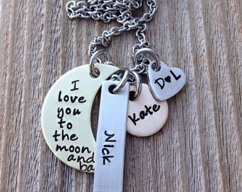 Mothers necklace, charm necklace , I love you to the moon hand stamped mixed metal Mother's Day gift
