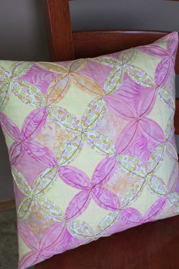 Items similar to Quilted Origami Pillow Sham Handmade Pink, Yellow and White Cathedral Window ...