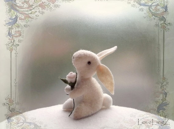 White rose felt bunny, woodland artist plushie