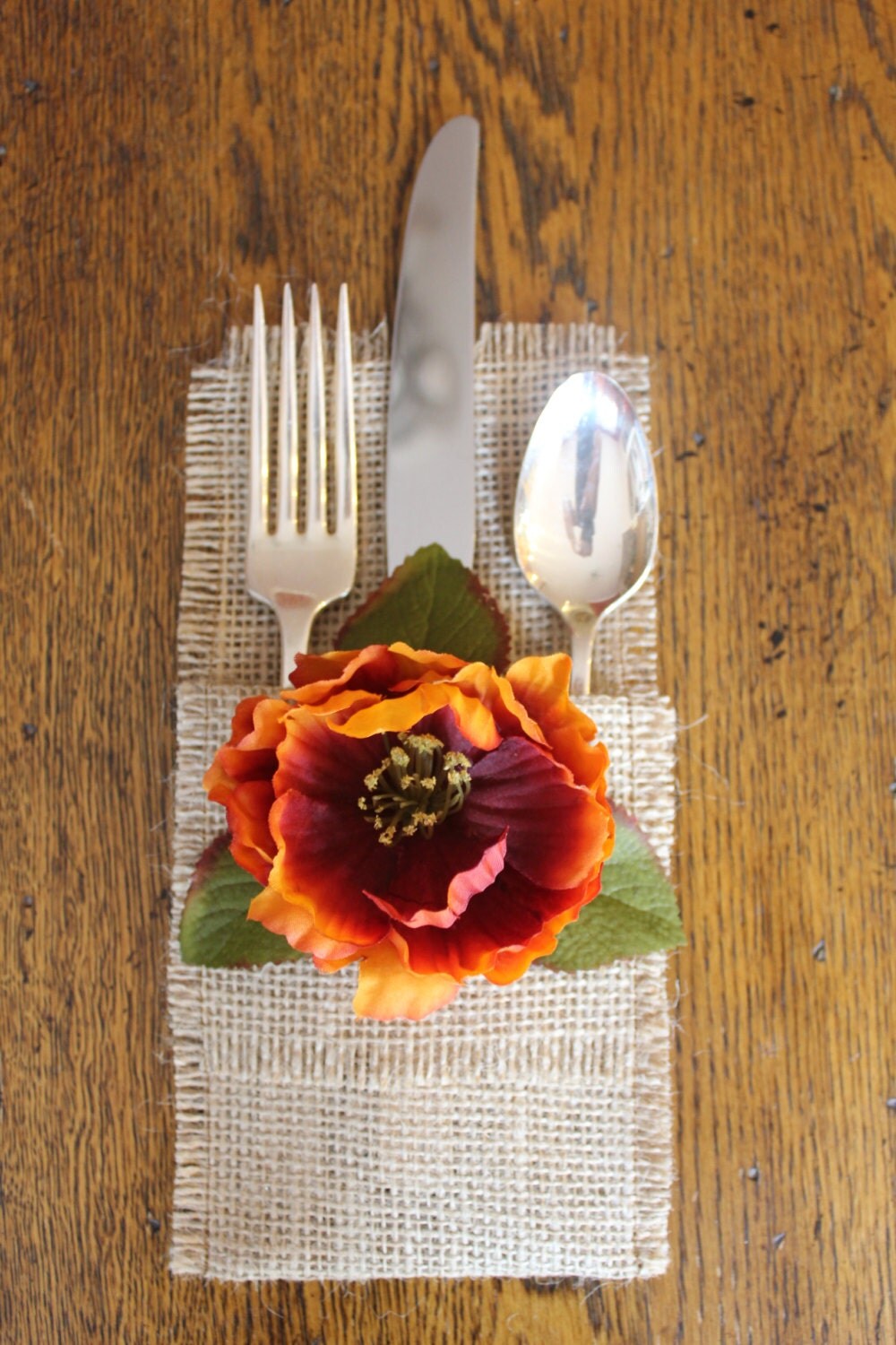 Burlap Silverware Holders with Fall Colored Silk Flowers Set