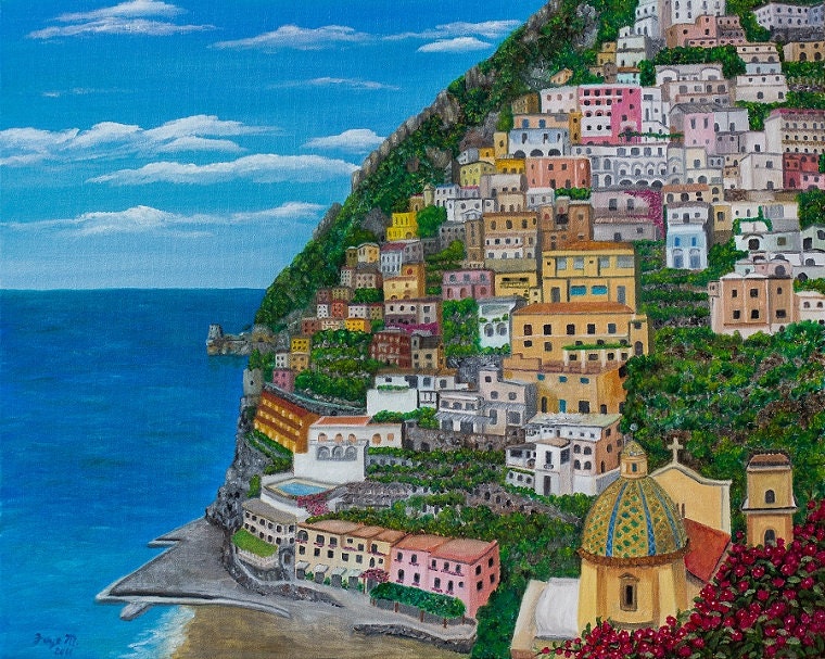 Italy Landscape Oil Painting Positano On The Amalfi Coast 24 X