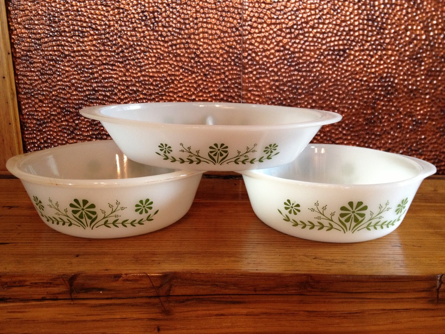 Glasbake bowls with green flowers, vintage set of three, Crazy Daisy
