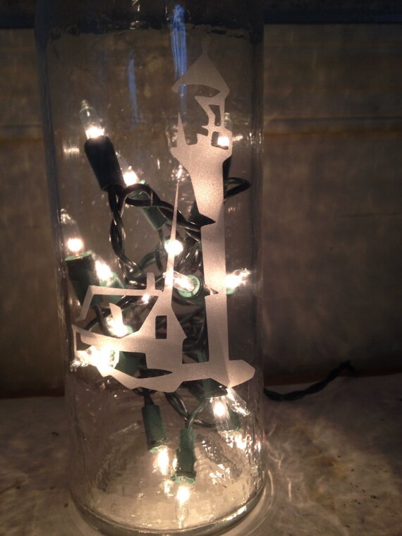 Sand Etched Lighthouse Wine Bottle with Lights