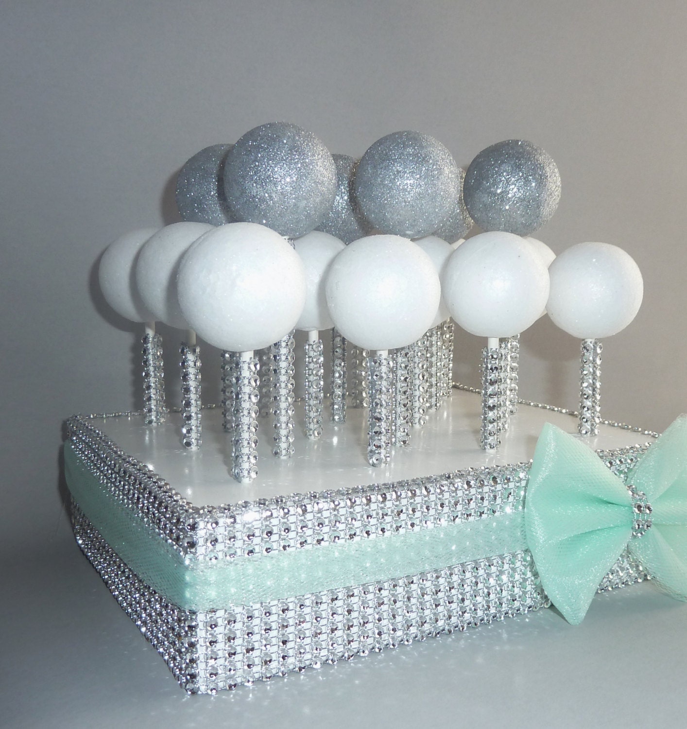 mint cake pop stand gray silver rhinestone bling stick seafoam