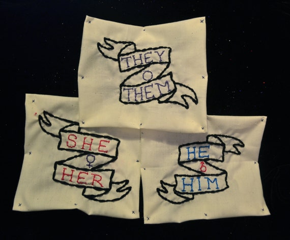 Pronoun patches from LITTLETROUBLEGRRRLS on Etsy.