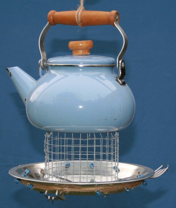 Tea Pot Kettle Pie Pan Bird Feeder Recycled Upcycled Blue Fork