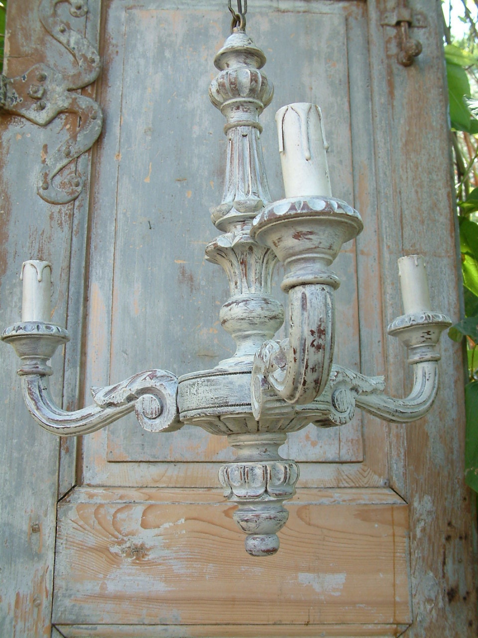 French vintage solid wood painted 3 branch chandelier. Shabby