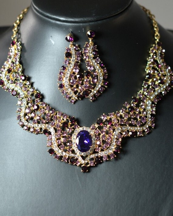 Gold purple Bridal necklace Earrings SET Wedding jewelry