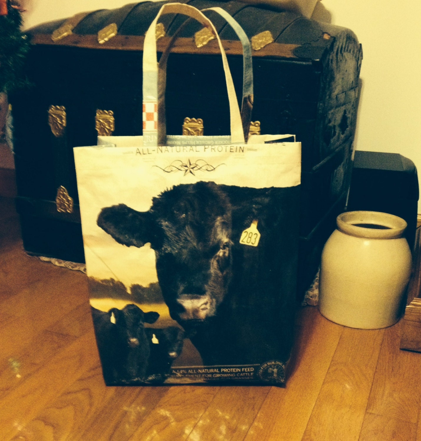 Recycled Feed Bag Tote Bag cattle cow black angus