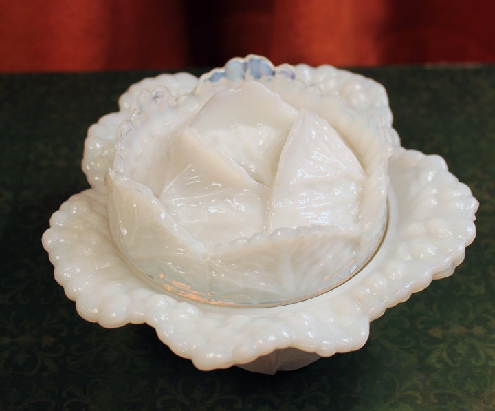 Westmoreland Dish with Lid. Milk Glass Cabbage Shaped Bowl